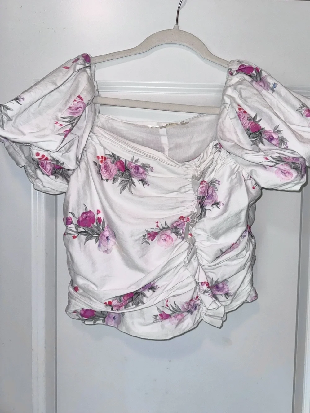LoveShackFancy Dalima White Top Puff-Sleeve Floral Ruched Ruffled Puff 8
